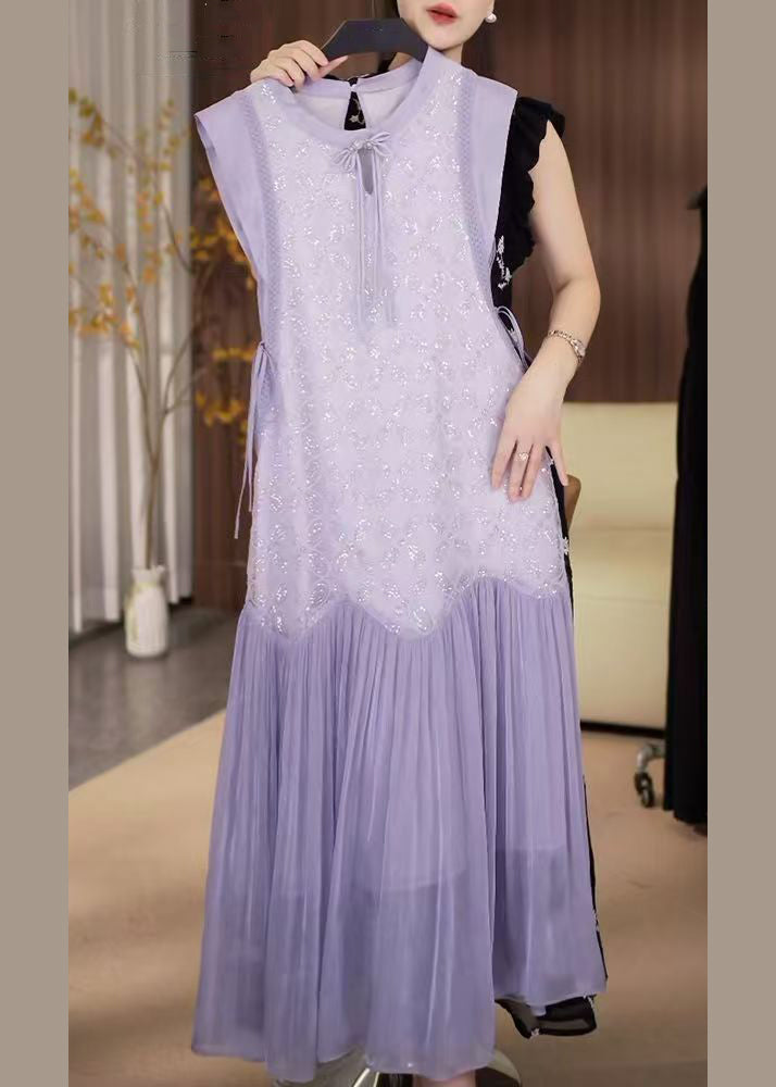 Up Chiffon Patchwork Pailletten Spitze Langes Kleid Fein Lila