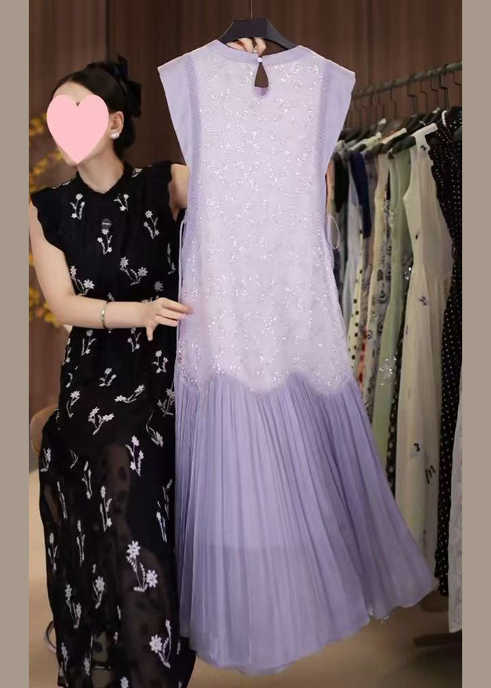 Up Chiffon Patchwork Pailletten Spitze Langes Kleid Fein Lila