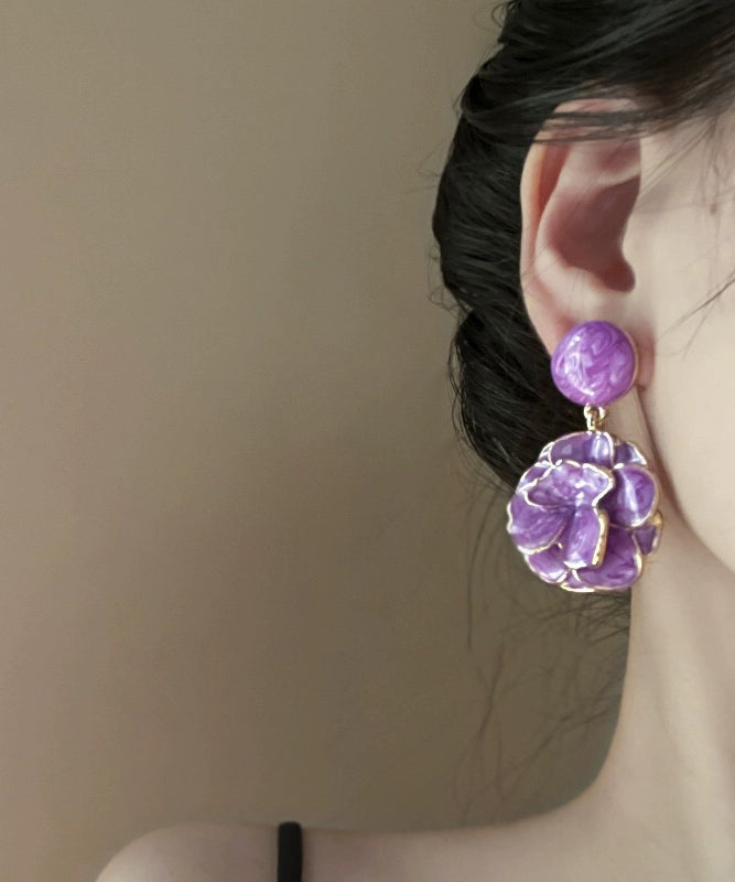 Feine lila Sterling Silber Legierung Floral Tropfen Glasur Ohrstecker YA036