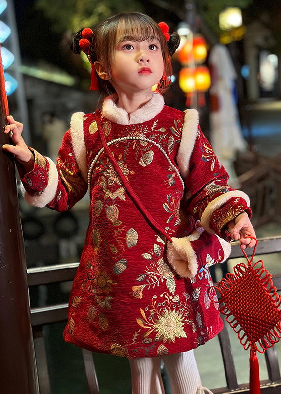 Feines rotes Pelzkragen-Print-Kinder-langes Kleid Winter TR008