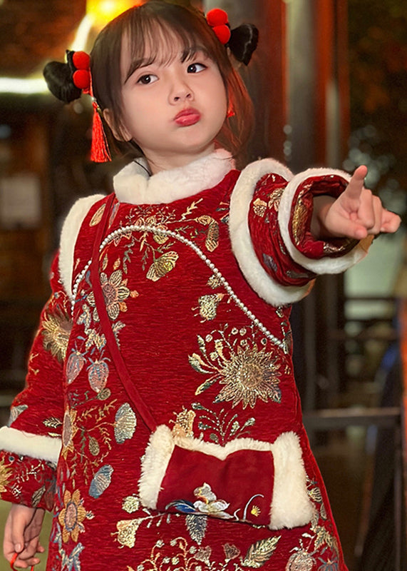 Feines rotes Pelzkragen-Print-Kinder-langes Kleid Winter TR008