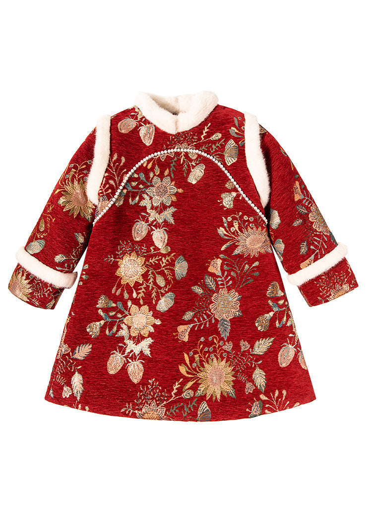 Feines rotes Pelzkragen-Print-Kinder-langes Kleid Winter TR008