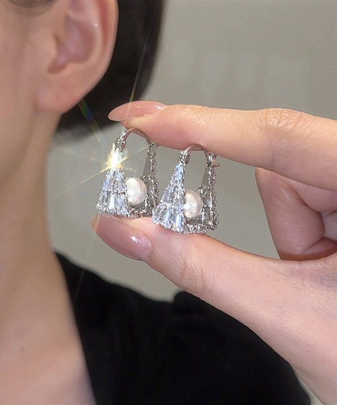 Fine Silver Silk Hoop Sterling Zircon Handbag Earrings Pearl