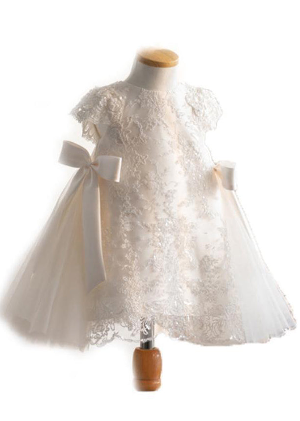 Feine weiße Spitze Patchwork Tüll Mädchen Maxi Kleider Kurzarm YS021