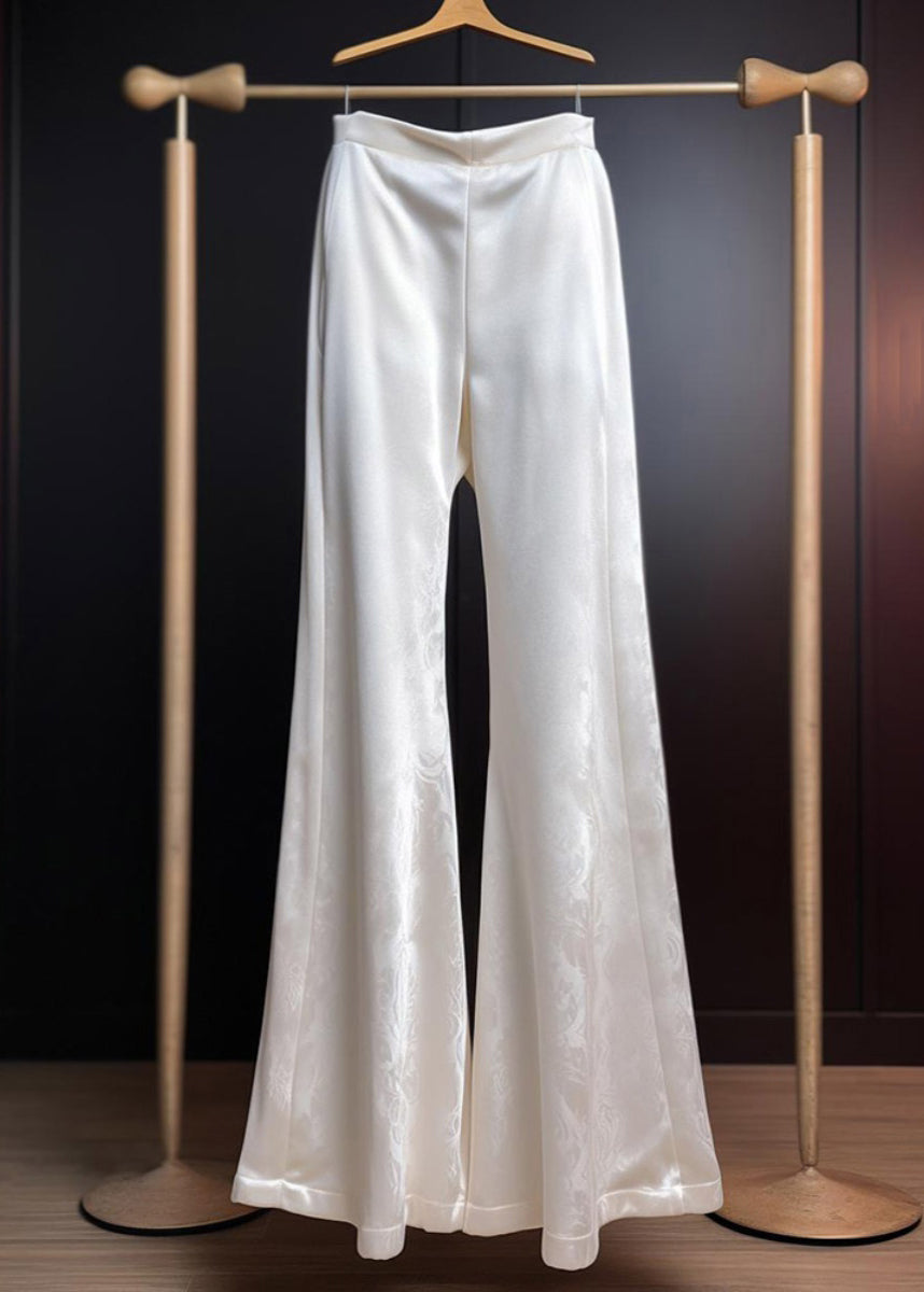 Flared Print Fine White Silk Trousers Summer Waist High