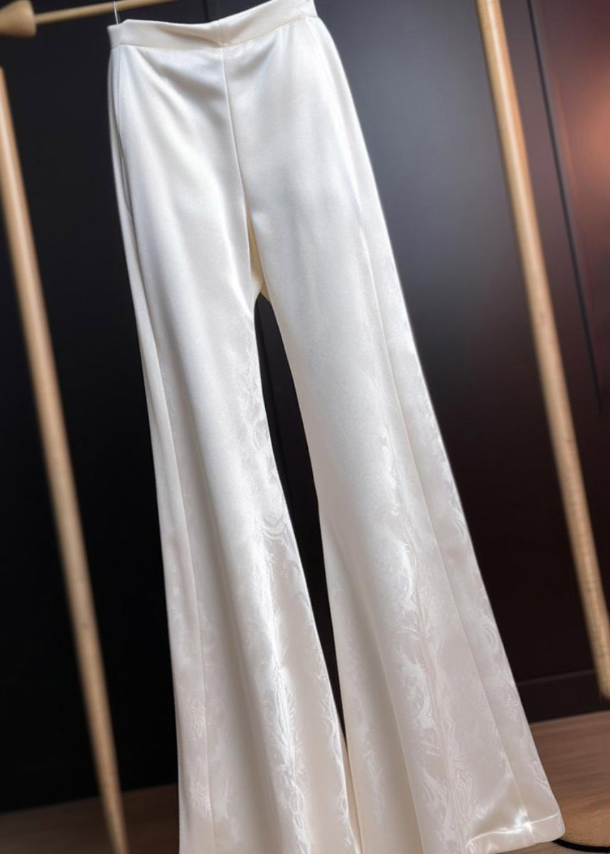 Flared Print Fine White Silk Trousers Summer Waist High