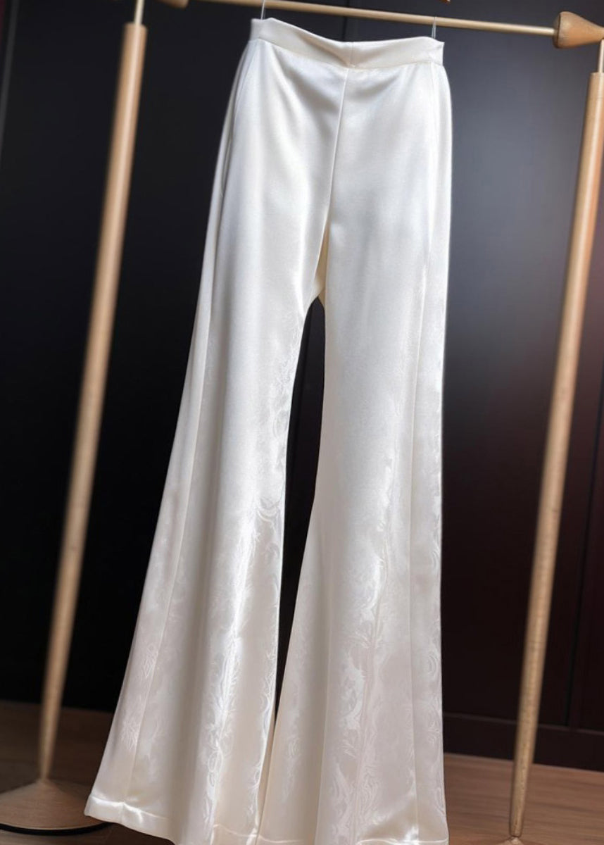 Flared Print Fine White Silk Trousers Summer Waist High