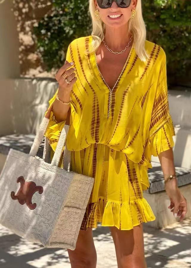 Robe de plage en mousseline de soie, manches chauve-souris, zircon, imprimé fin, jaune