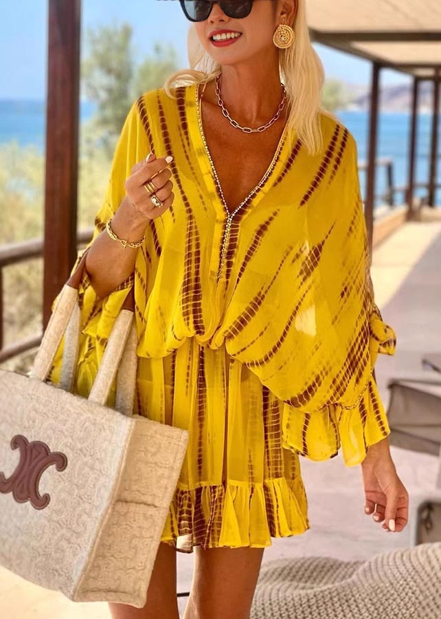 Robe de plage en mousseline de soie, manches chauve-souris, zircon, imprimé fin, jaune