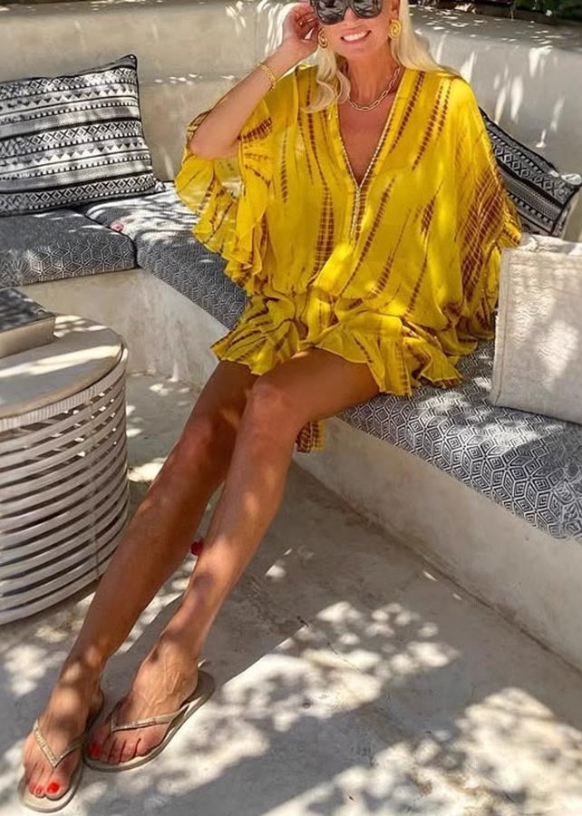 Robe de plage en mousseline de soie, manches chauve-souris, zircon, imprimé fin, jaune