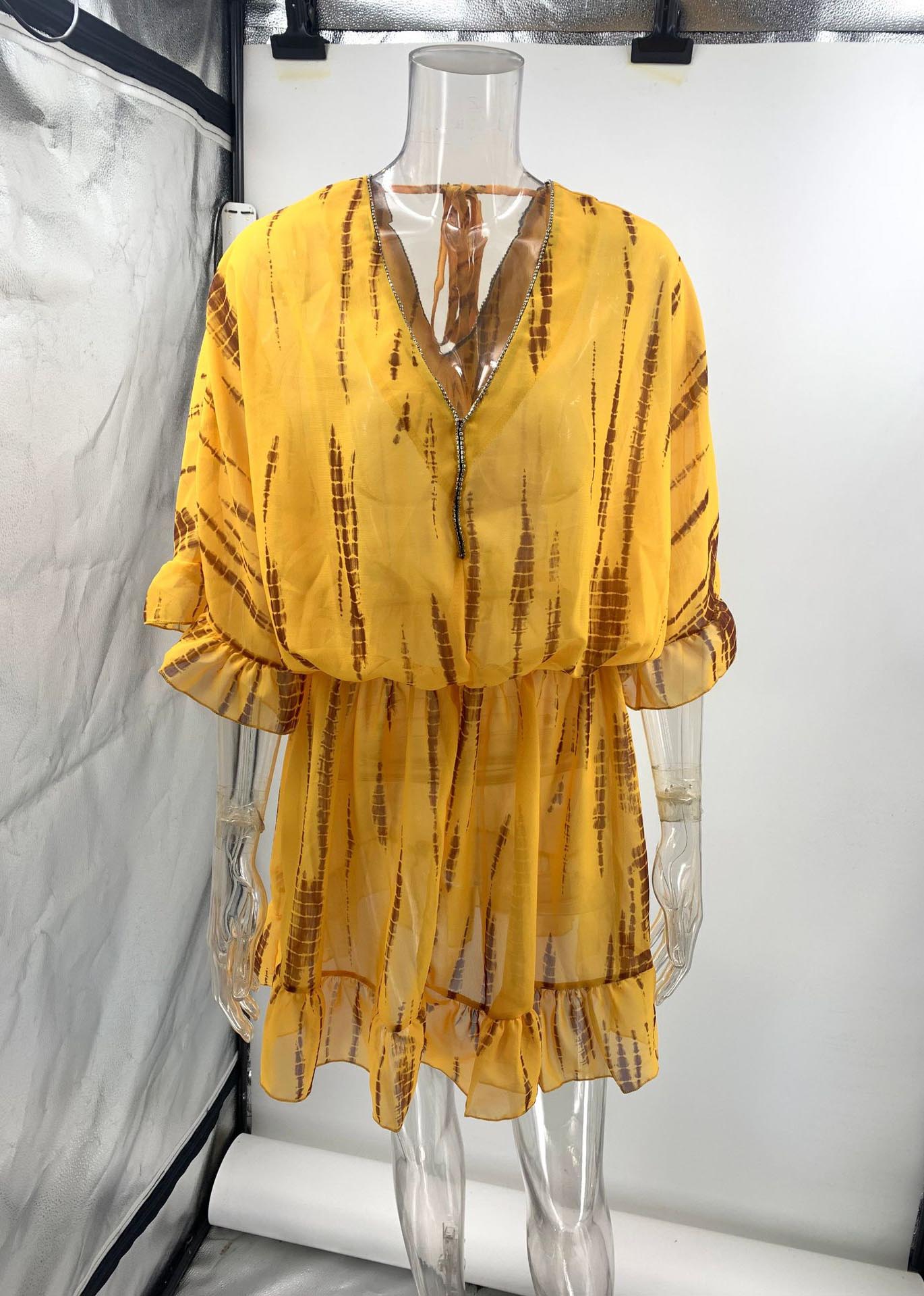 Robe de plage en mousseline de soie, manches chauve-souris, zircon, imprimé fin, jaune