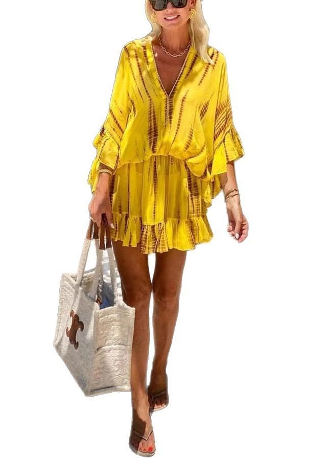 Robe de plage en mousseline de soie, manches chauve-souris, zircon, imprimé fin, jaune