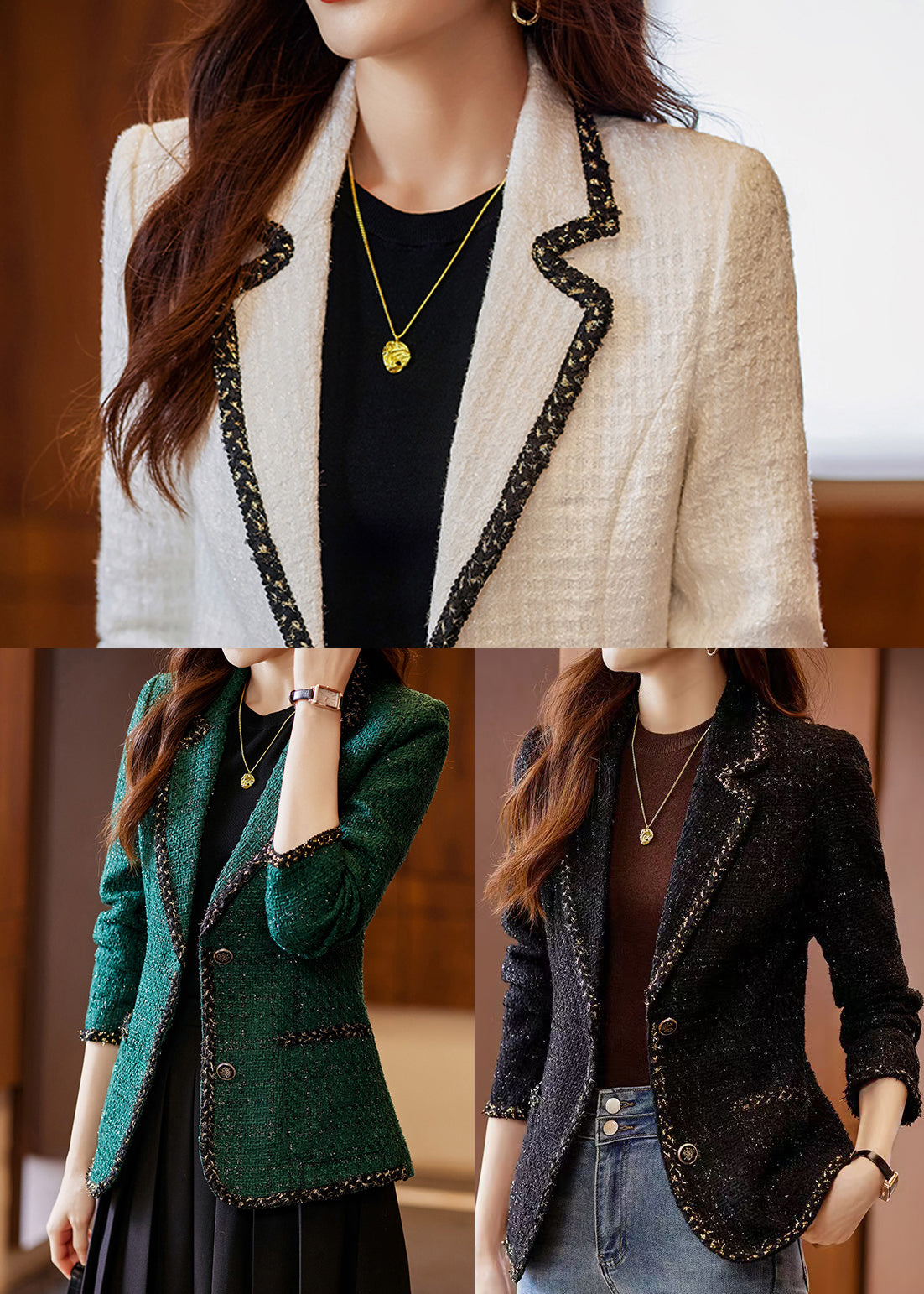 Taillierte schwarze gekerbte Patchwork-Wollmäntel Frühling YJ050