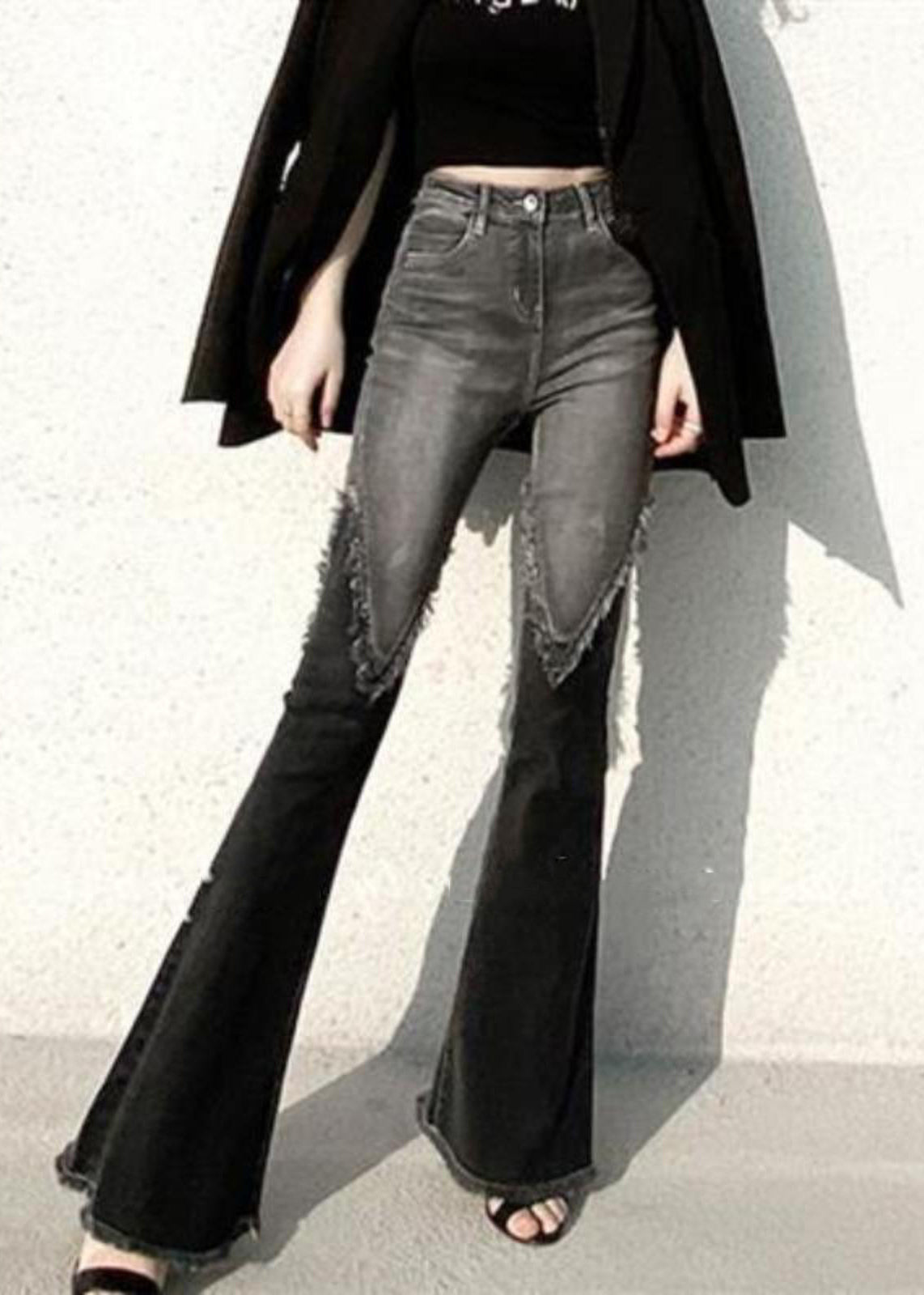 Taillierte schwarze Schlaghose aus Patchwork-Jeans mit Quasten, Frühling, YF033