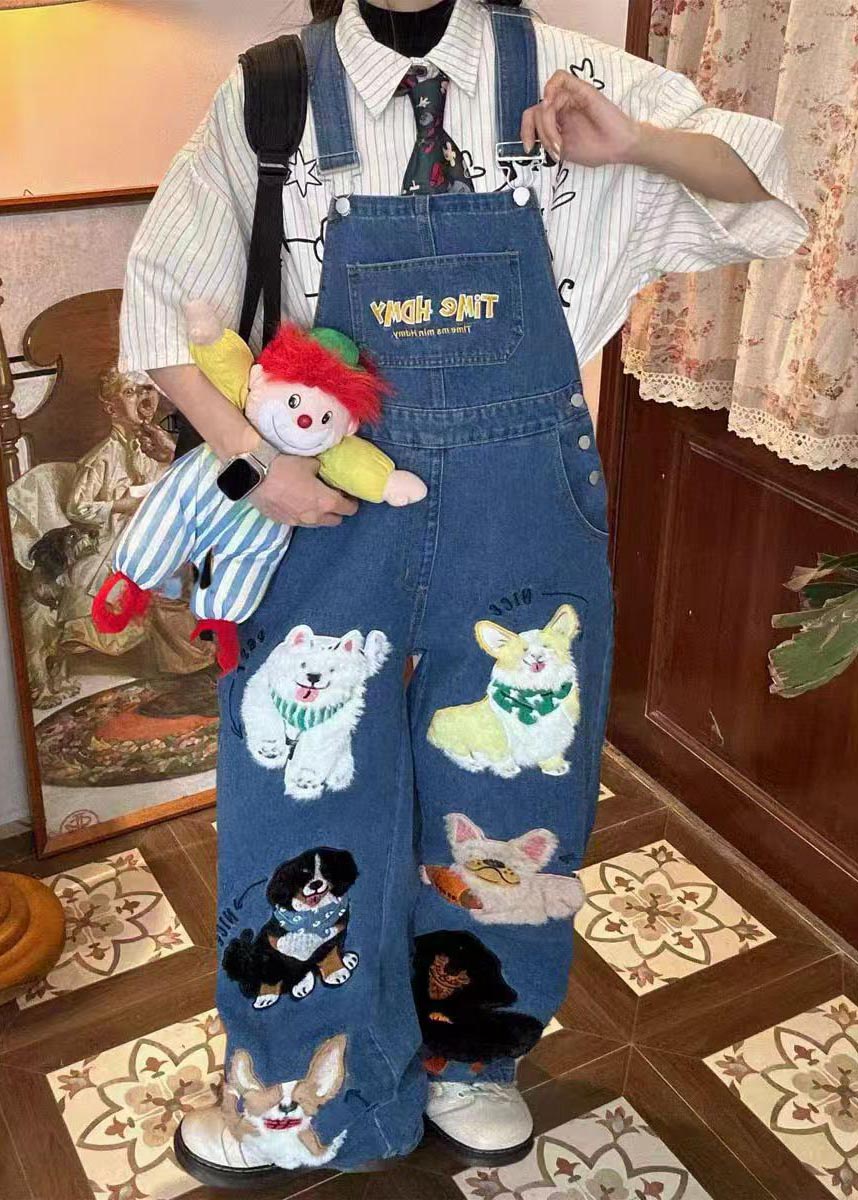 Animals Blue Jumpsuit Summer Denim Cute Oversized Fitted
