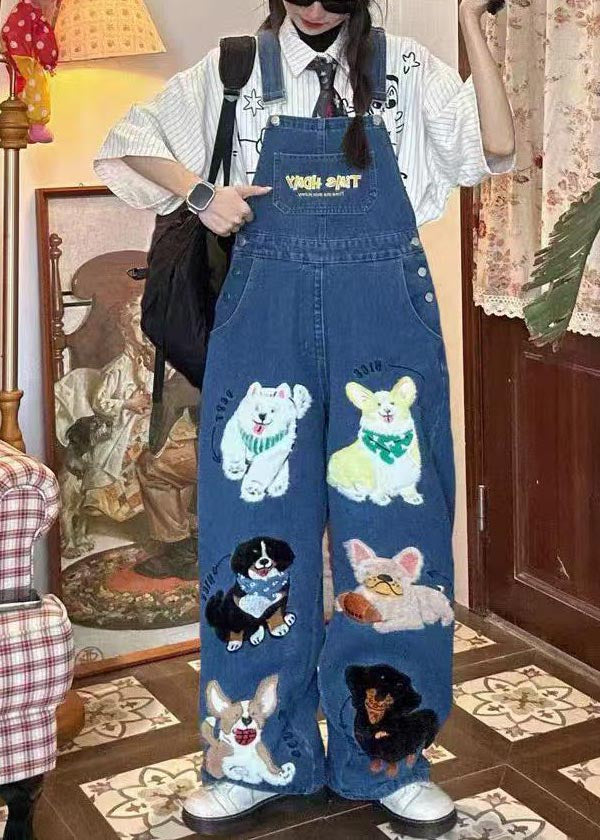 Animals Blue Jumpsuit Summer Denim Cute Oversized Fitted