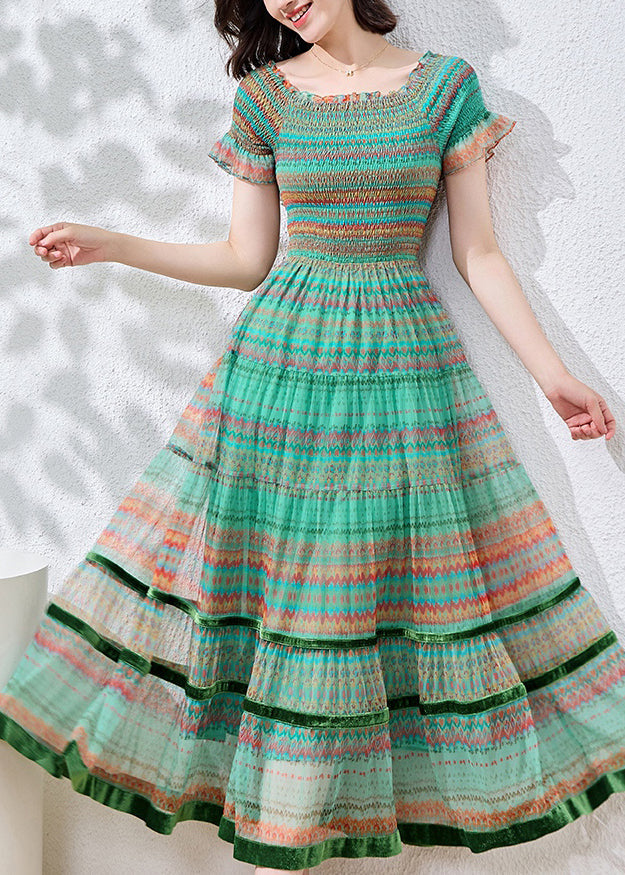 Blau Patchwork Kleider Baumwolle Sommer Tailliert Rüschen Print