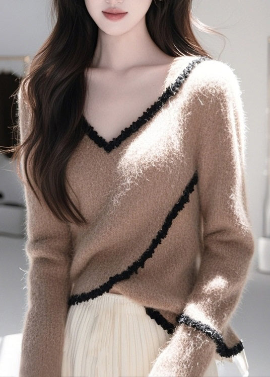 Taillierter Kaffee V-Ausschnitt Spitze Patchwork Strickpullover Frühling TO010