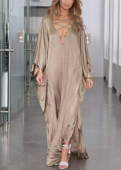 Kleid Seide Offen Urlaub Khaki Übergroße Taillierte Seite Fledermaus