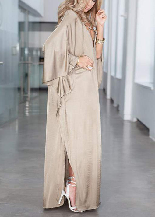 Kleid Seide Offen Urlaub Khaki Übergroße Taillierte Seite Fledermaus