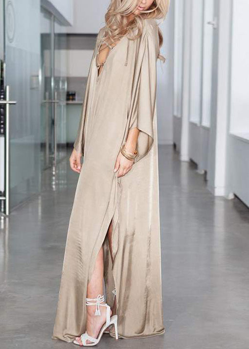 Kleid Seide Offen Urlaub Khaki Übergroße Taillierte Seite Fledermaus