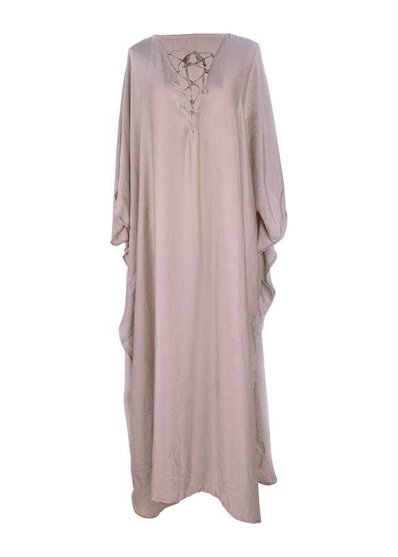 Kleid Seide Offen Urlaub Khaki Übergroße Taillierte Seite Fledermaus
