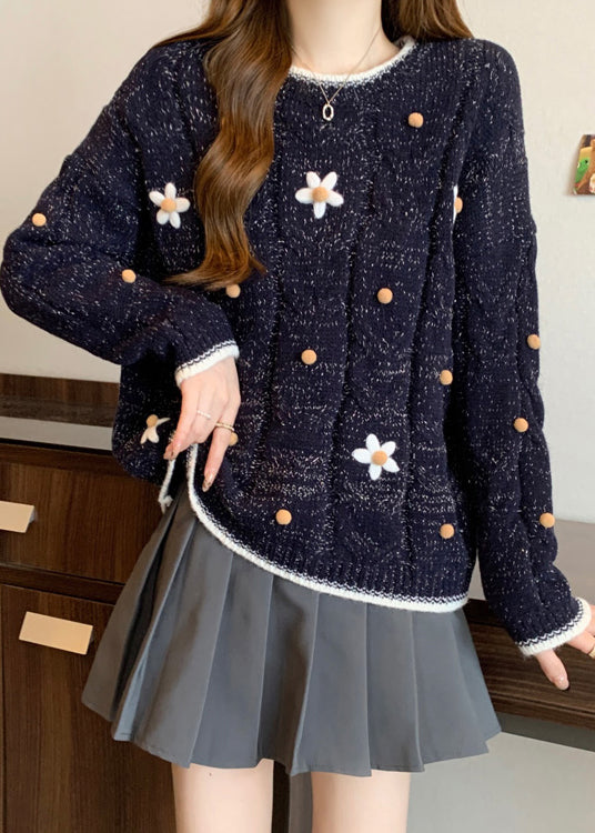 Taillierter, marineblauer, bestickter Strick-Kurzpullover für den Winter RG022