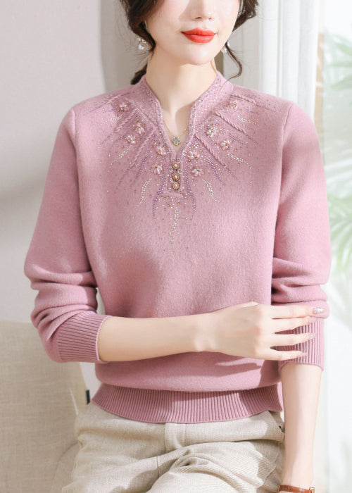 Pull en polaire rose ajusté à col rond et zircon, chaud, printemps TQ020
