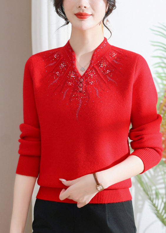 Pull en polaire rose ajusté à col rond et zircon, chaud, printemps TQ020