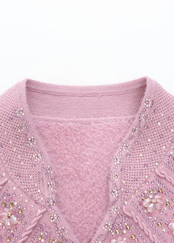 Pull en polaire rose ajusté à col rond et zircon, chaud, printemps TQ020