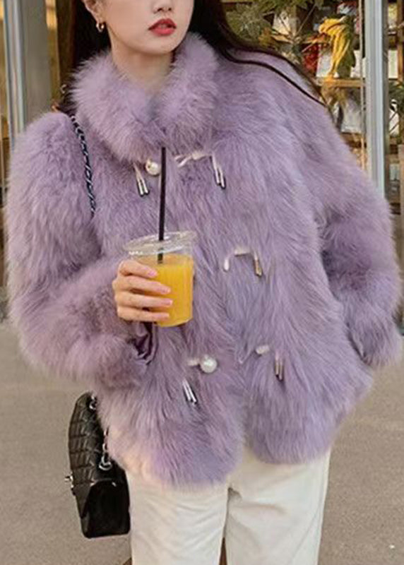 Manteau ajusté en cuir et fourrure violet à col montant et boutons, hiver RD008