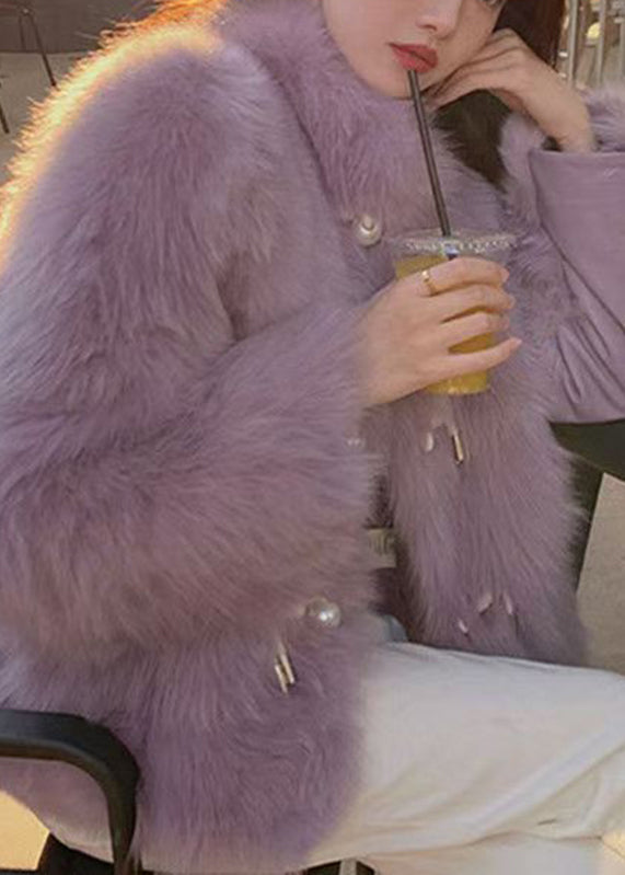 Manteau ajusté en cuir et fourrure violet à col montant et boutons, hiver RD008
