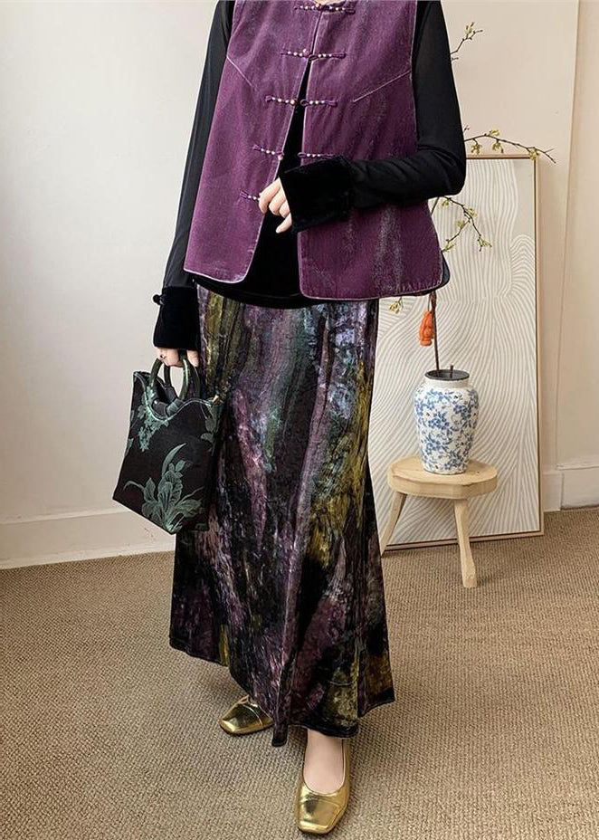 Fitted Purple Tie Dye Side Open Silk Velvet Skirts Spring YK002