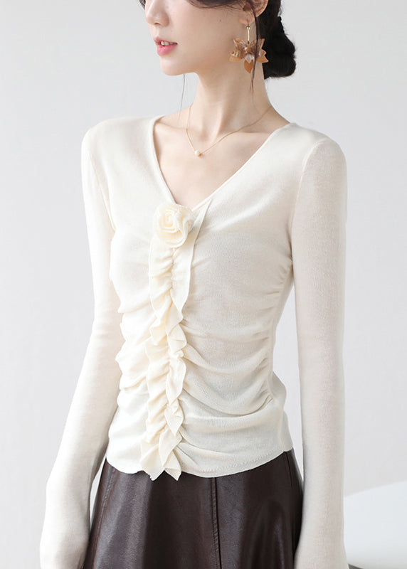 Haut en tricot fleuri à volants et col en V rouge ajusté, printemps TY030