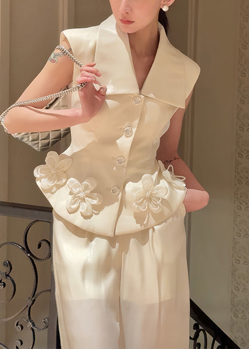 Ensemble deux pièces en coton à imprimé floral beige avec poches boutonnées et sans manches KK005