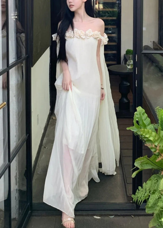Hals Kleider Sommer Maxi Solid Chiffon Floral Beige Slash
