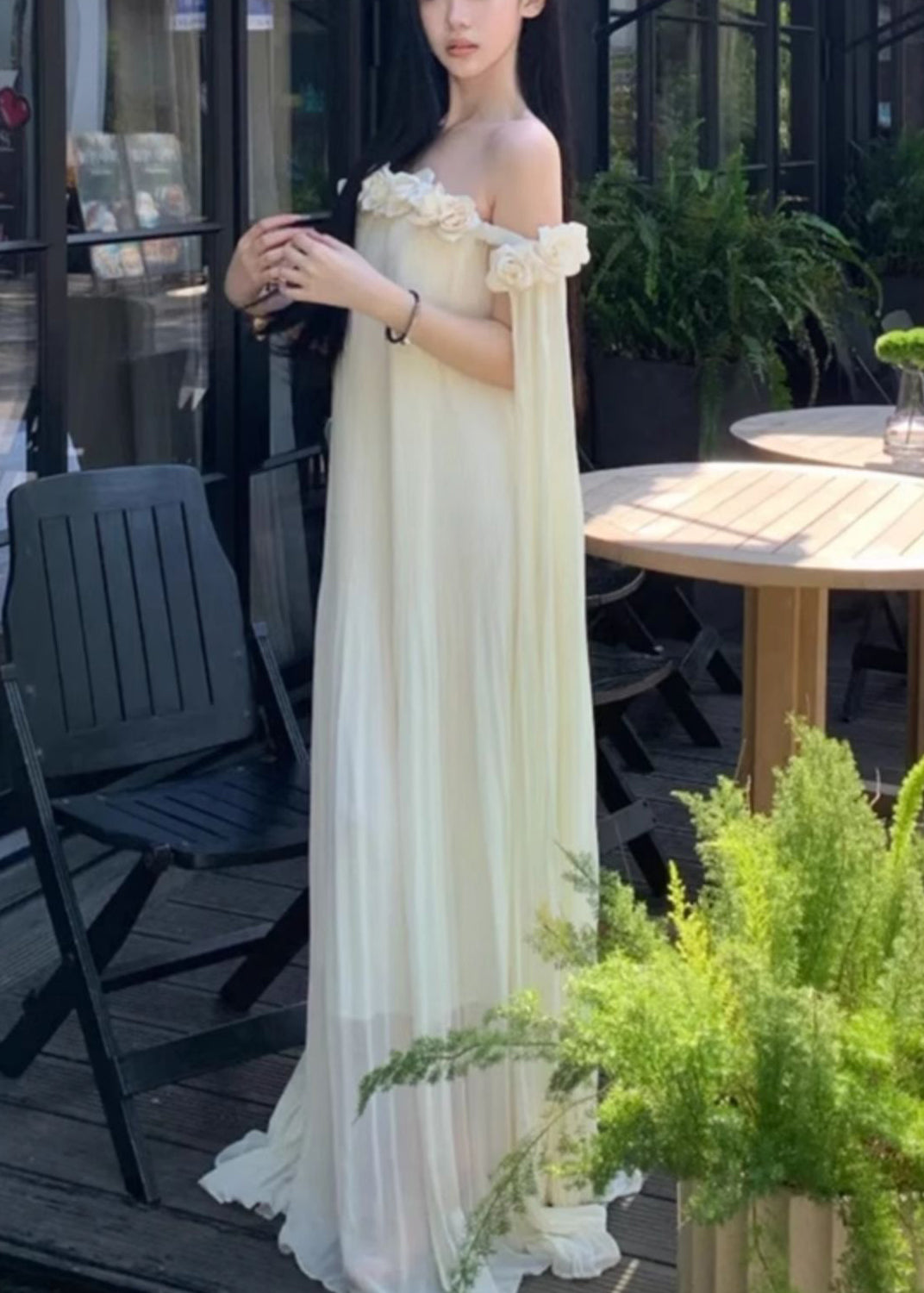 Hals Kleider Sommer Maxi Solid Chiffon Floral Beige Slash