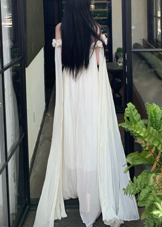 Hals Kleider Sommer Maxi Solid Chiffon Floral Beige Slash