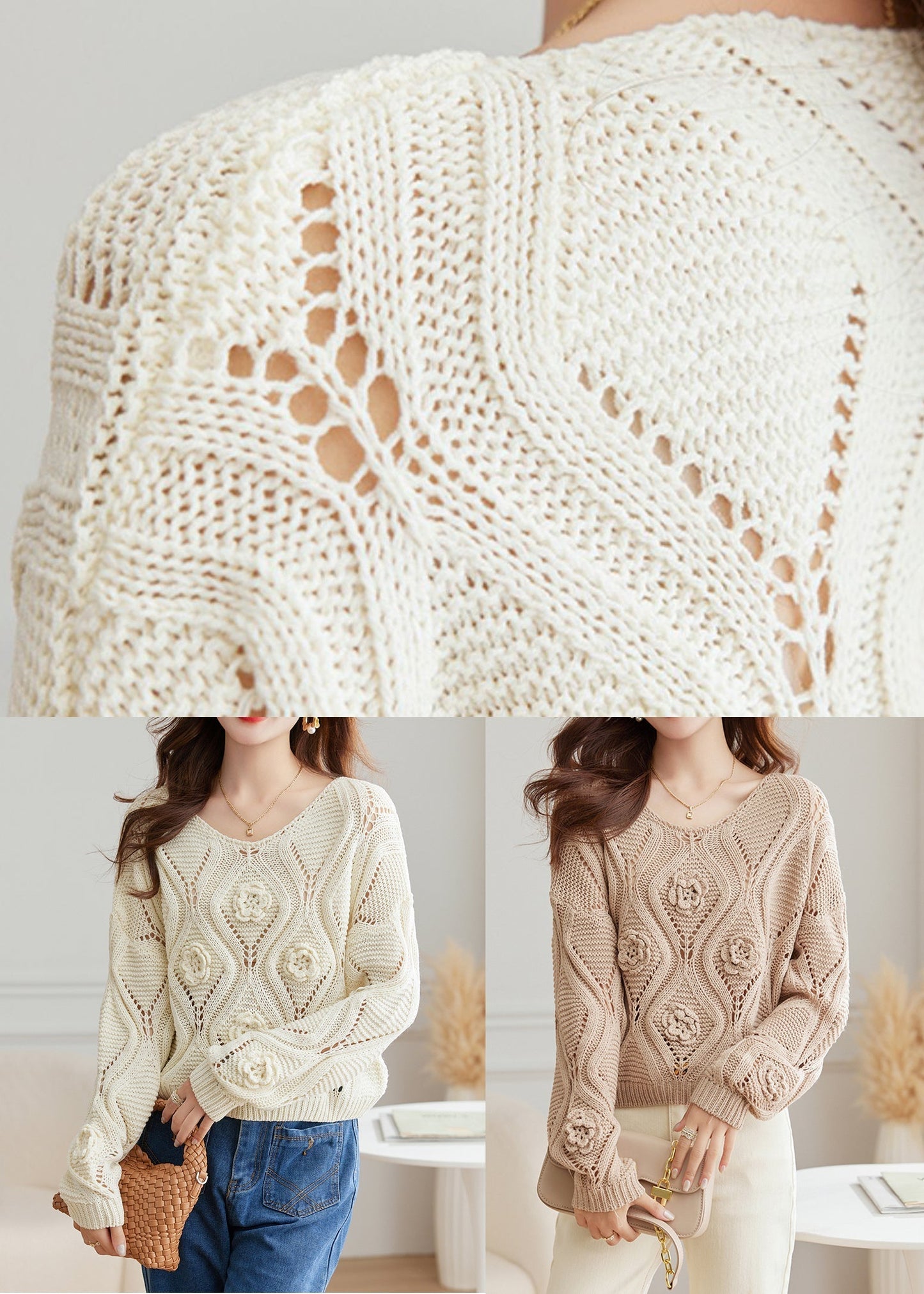 Floral Light Camel O Neck Hollow Out Strickpullover Herbst QS027