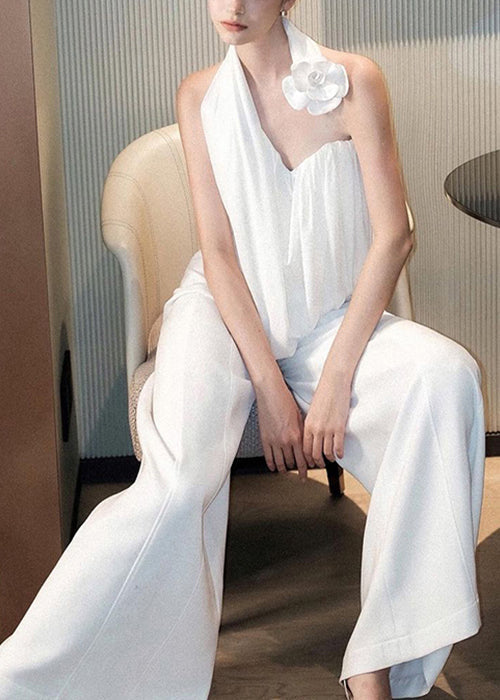 Weißes, asymmetrisches Tanktop mit Blumenmuster und Hose mit weitem Bein, zweiteiliges Set aus Baumwolle, ärmellos, YZ063