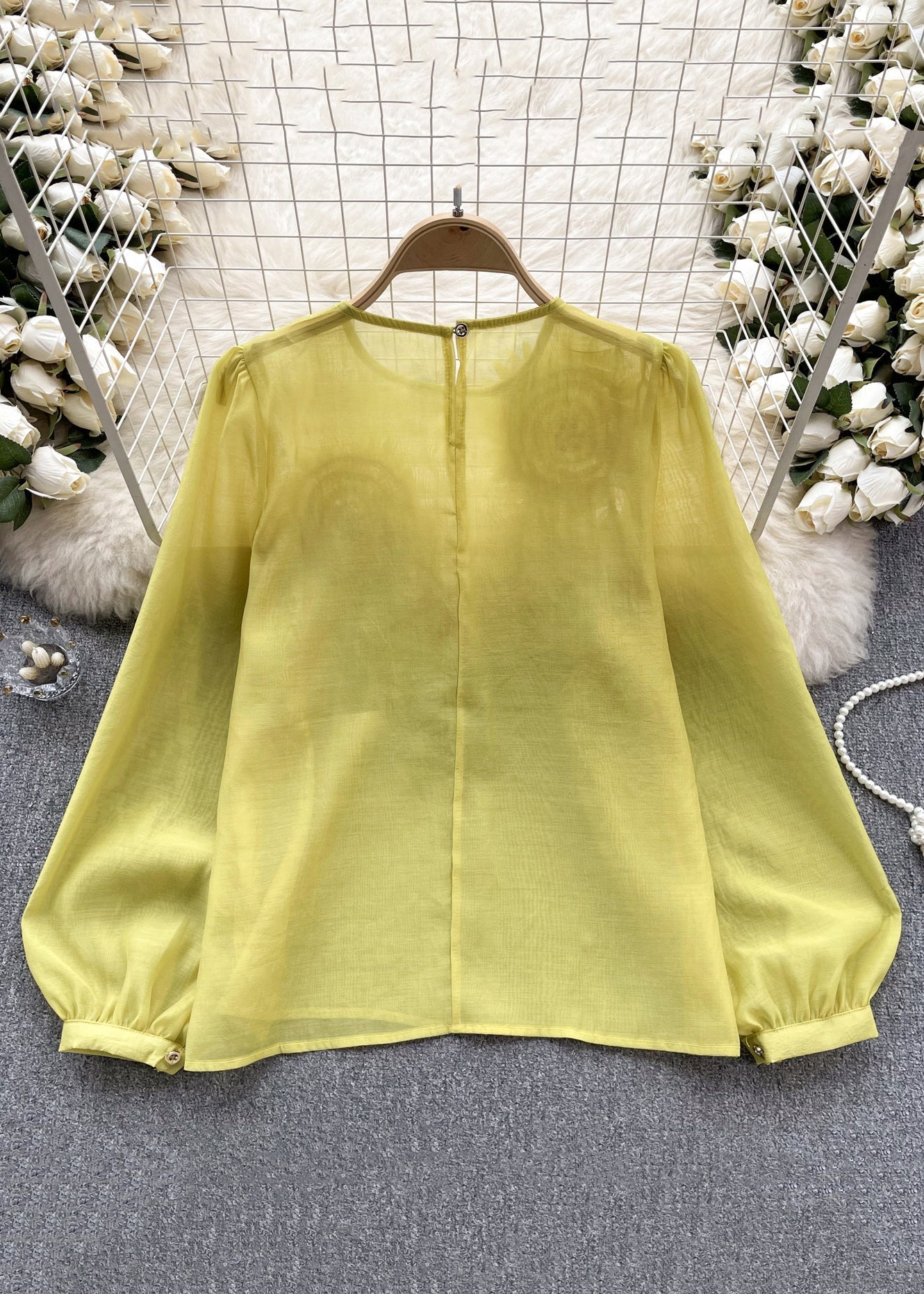 Floral Gelb O Neck Solid Chiffon Shirts Langarm TR045