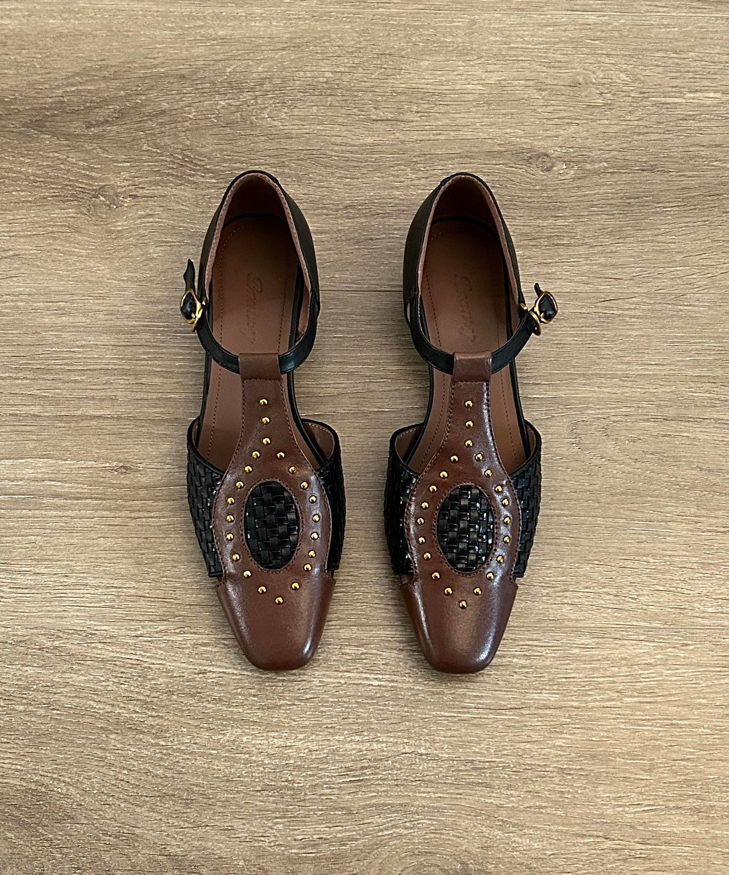 Apricot French Out Rivet Hollow Woven Sandals Square Head