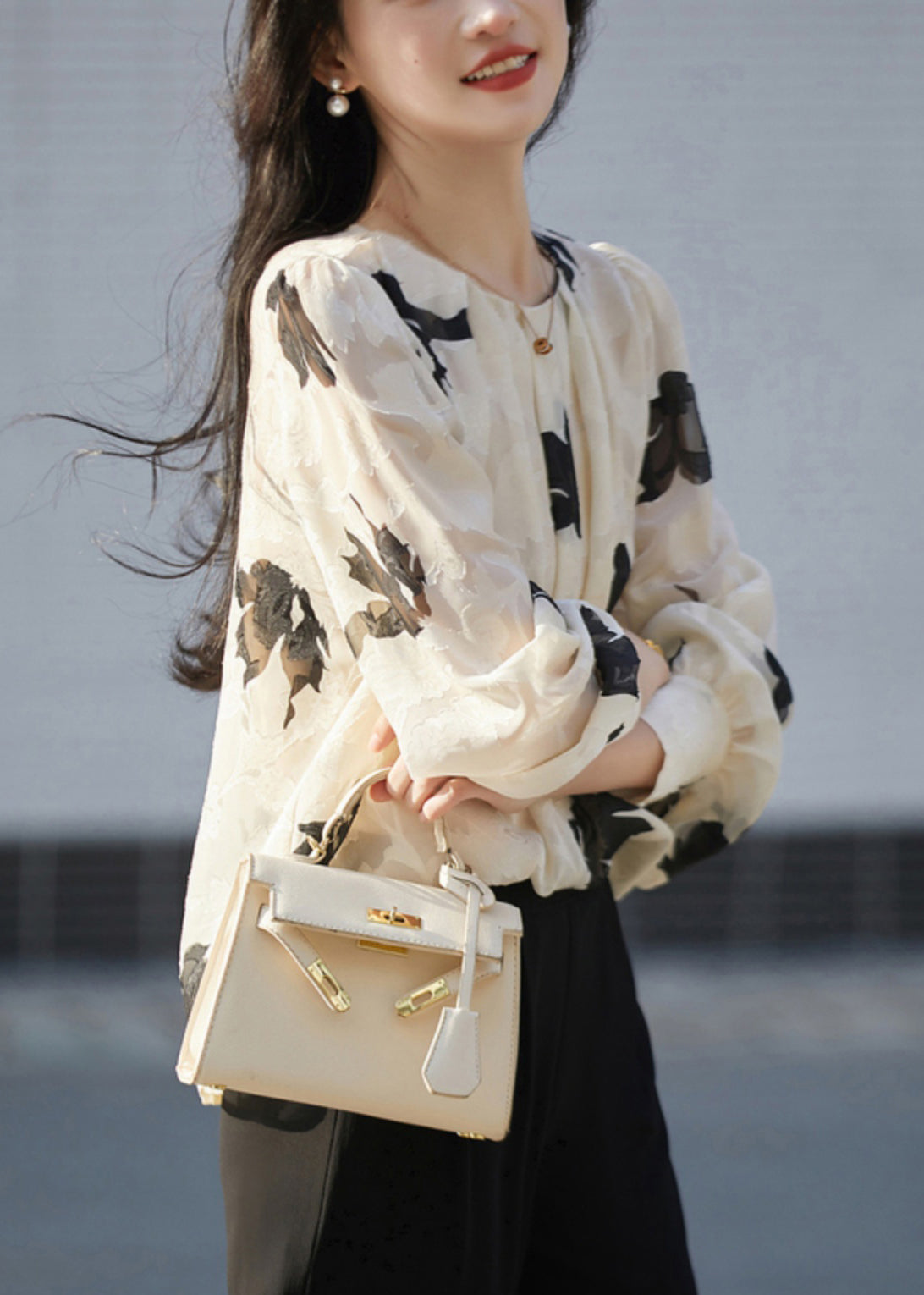 Französisches Chiffon-Top mit Rundhalsausschnitt und Aprikosenmuster, Herbst QT033