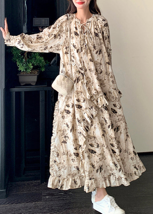 Französisches Aprikosen-Baumwollkleid mit Rüschen und Schnürung, Frühling YZ026