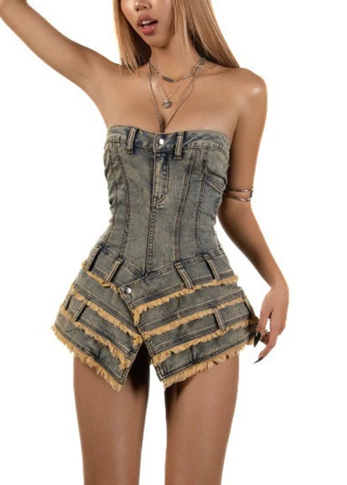 Kleider Französisch Denim Ärmellos Asymmetrisch Mini Trägerlos