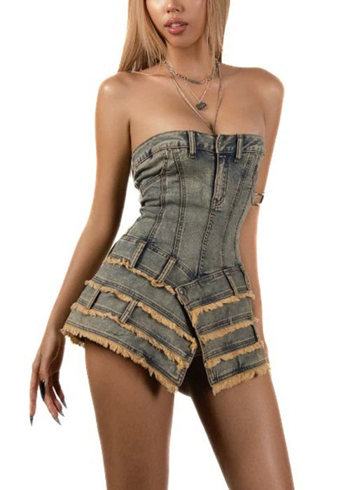 Kleider Französisch Denim Ärmellos Asymmetrisch Mini Trägerlos