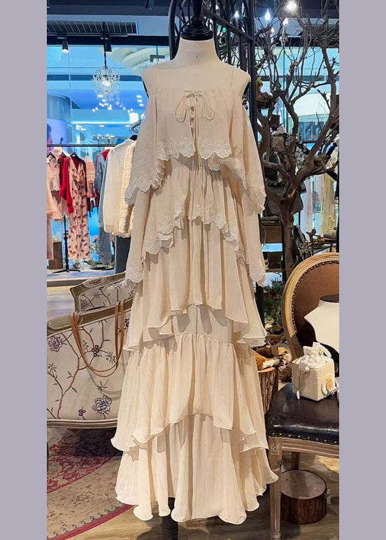 Träger Beige Spitze Spaghetti Dress Up Französisch Ärmellos