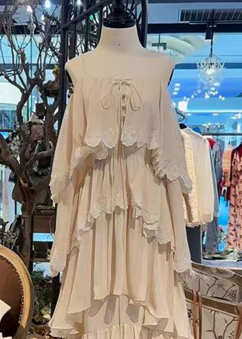 Träger Beige Spitze Spaghetti Dress Up Französisch Ärmellos