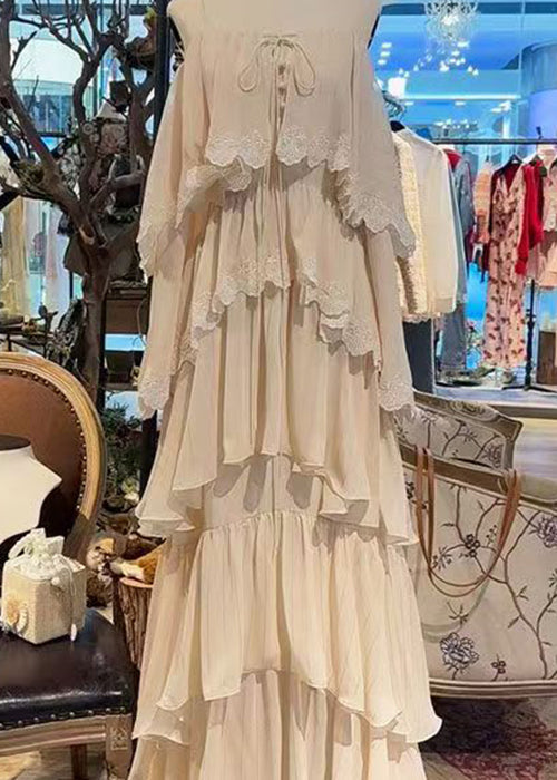 Träger Beige Spitze Spaghetti Dress Up Französisch Ärmellos