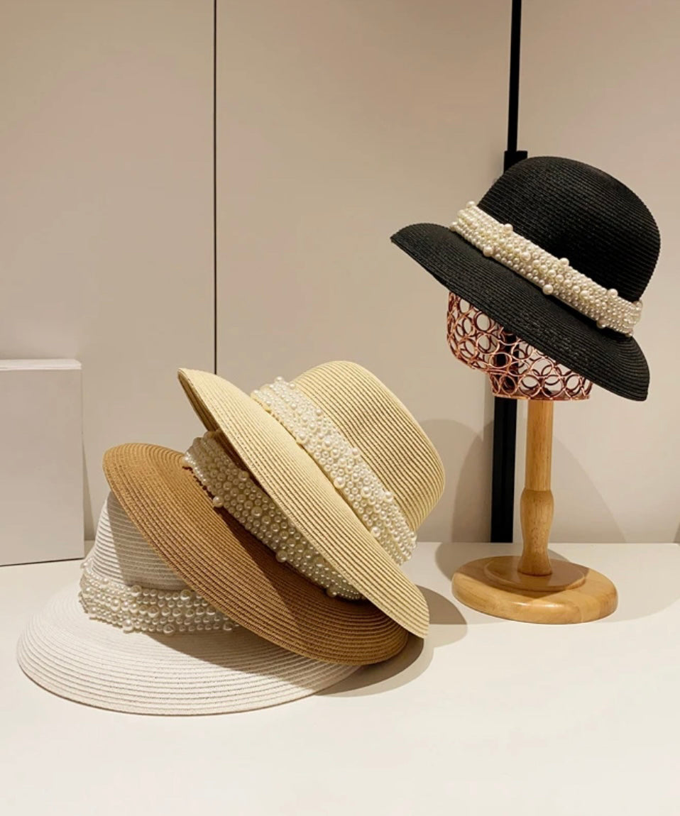 Nail Straw French Beige Woven Hat Cloche Bead Summer